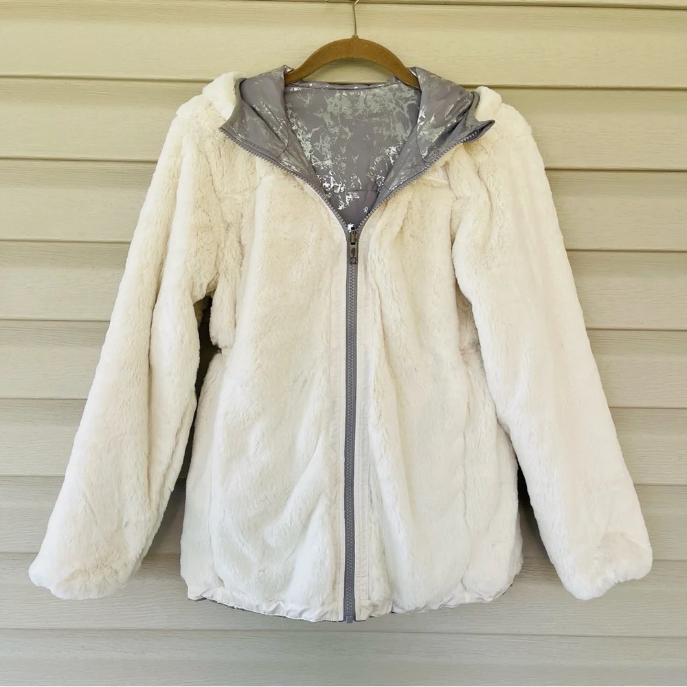 The North Face Girls Reversible Mossbud Swirl Metallic Gray Parka Jacket Size L